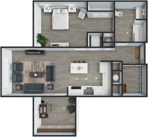 Floor plan for 1 bed, 1 bath, 888 sqft